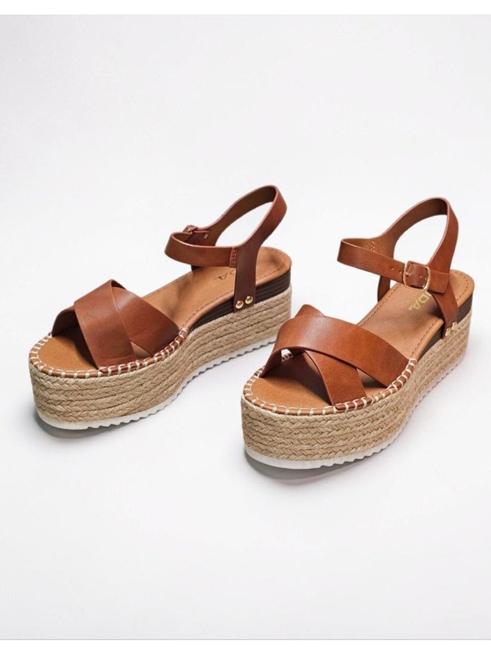 Tan Platform Espadrille Sandals With Buckle Strap Crisscross Upper & White Sole - Picture 14 of 16